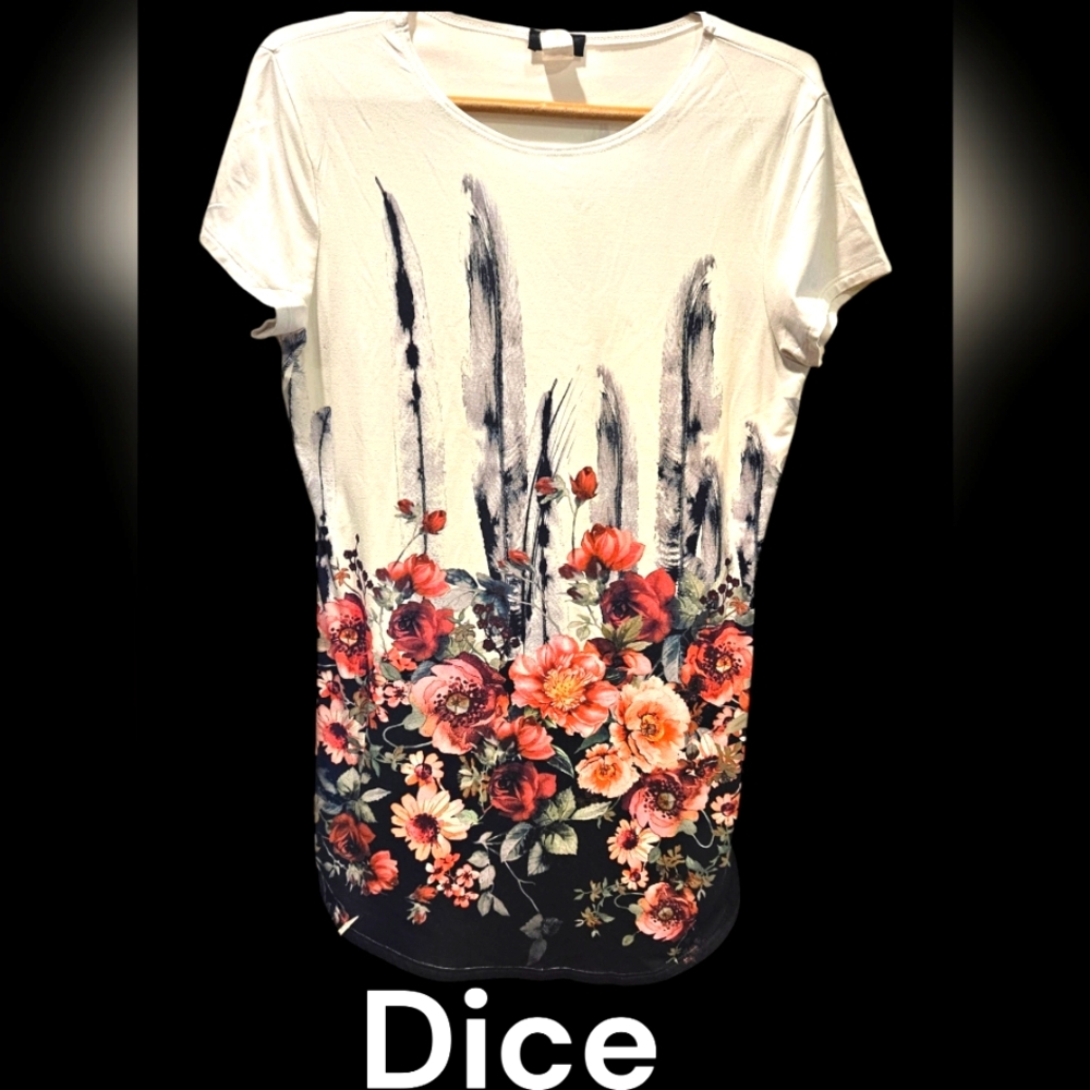 DICE White Floral Tunic Top Shirt- Large